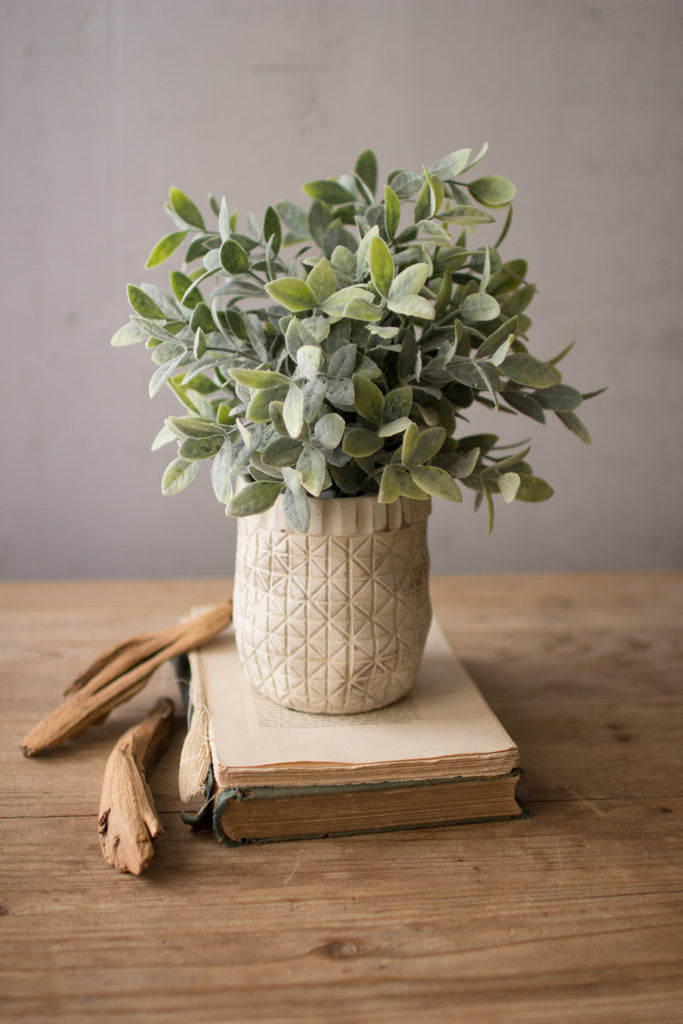 ARTIFICIAL SAGE WITH CRISS CROSS RUSTIC WHITE POT
