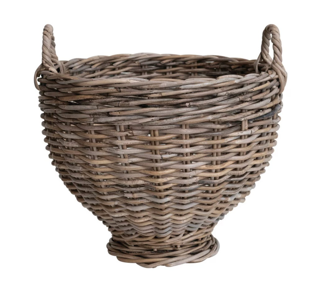 ROUND HAND WOVEN RATTAN FOOTED BASKET WITH HANDLES- IN STORE PICK UP ONLY!