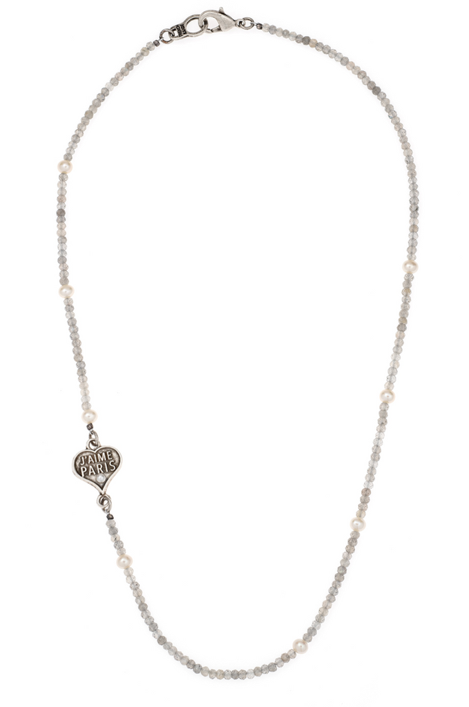 FRENCH KANDE 20" MICRO LABRADORITE RONDELLES WITH FRESHWATER PEARL ACCENTS AND SILVER OX COUER PENDANT