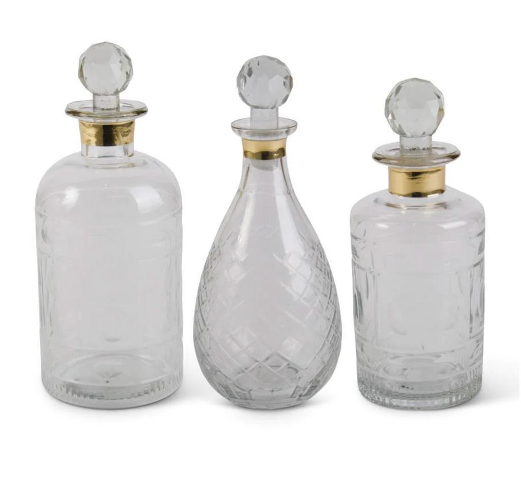 GLASS DECANTER WITH GOLD TRIM - 3 SIZES AVAILABLE- IN STORE PICK UP ONLY!