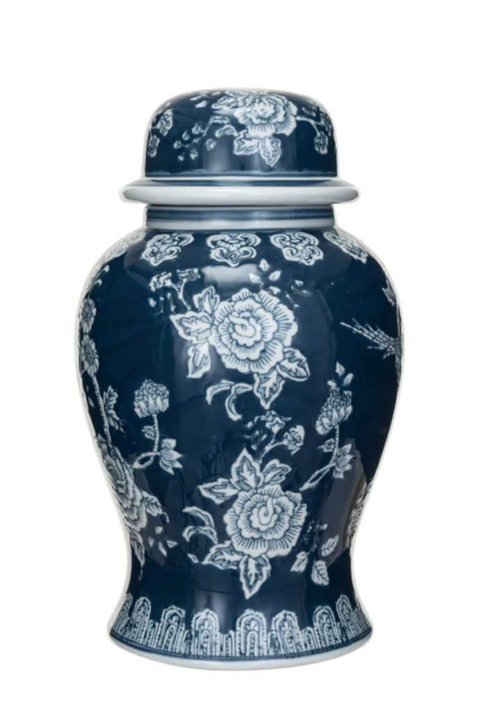 DECORATIVE HAND-PAINTED CERAMIC GINGER JAR - BLUE AND WHITE - IN STORE PICK UP ONLY!
