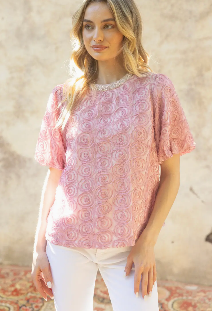 Embellished Neck Bubble Sleeve Floral Textured Top-Pink