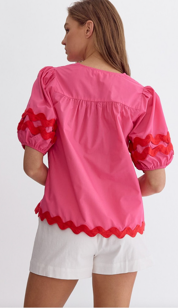 V-NECK SOLID BUBBLE SLEEVE TOP WITH RIC RAC DETAIL IN PINK