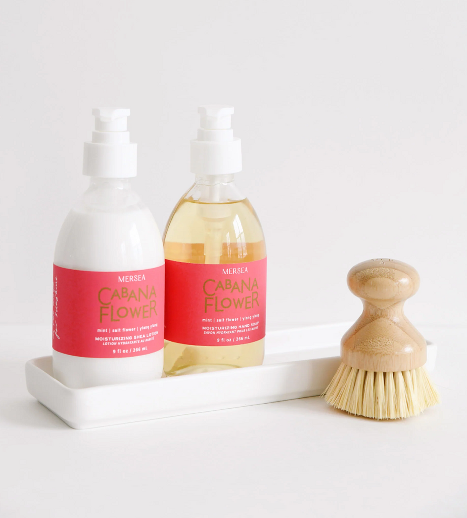GLASS SHEA LOTION & HAND SOAP SET IN WHITE TRAY CABANA FLOWER