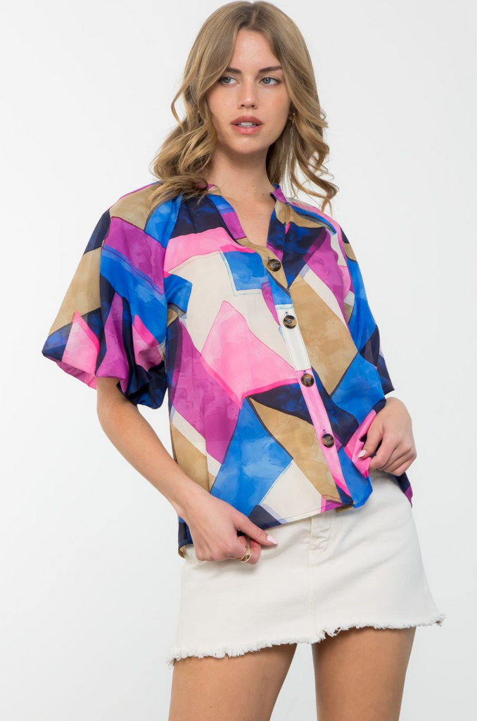PUFF SLEEVE BUTTON UP PRINT TOP