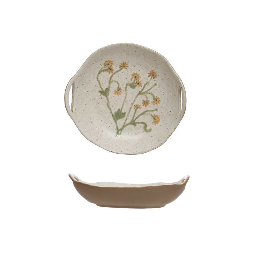HAND PAINTED STONEWARE BOWL WITH HANDLES & BOTANICALS- IN STORE PICK UP ONLY!
