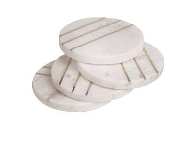 SET OF 4 ROUND MARBLE WITH BRASS COASTERS OPAL WHITE- IN STORE PICK UP ONLY!