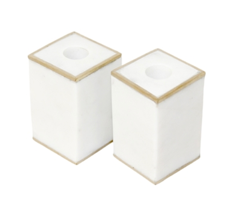 SET OF TWO WHITE MARBLE TAPER CANDLE HOLDERS