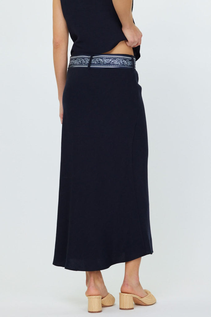BIAS MIDI SKIRT WITH WAIST SCARF - NAVY