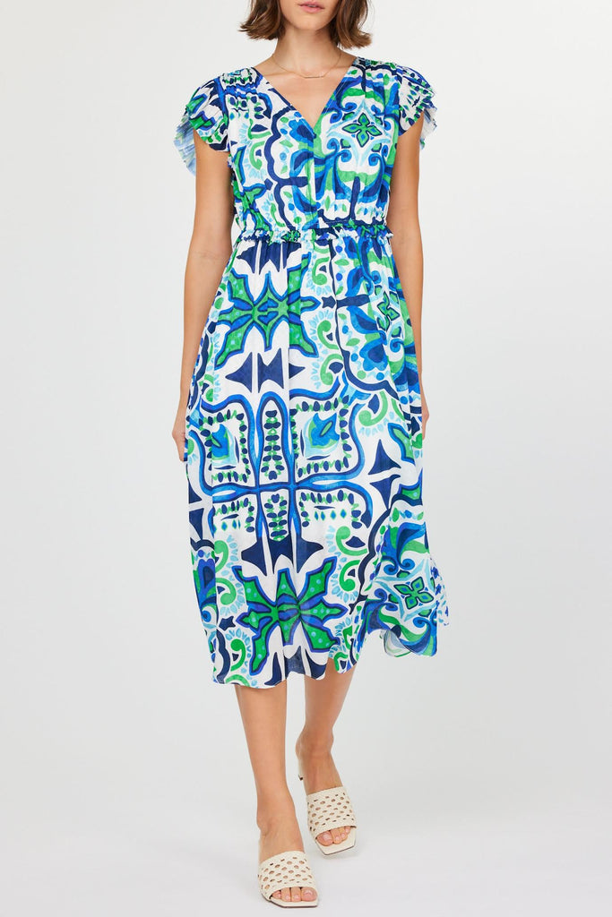 VNECK FLUTTER SLEEVE MIDI DRESS - BLUE MULTI