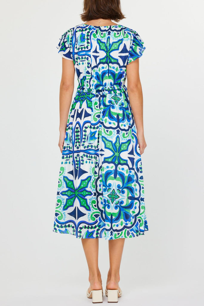 VNECK FLUTTER SLEEVE MIDI DRESS - BLUE MULTI