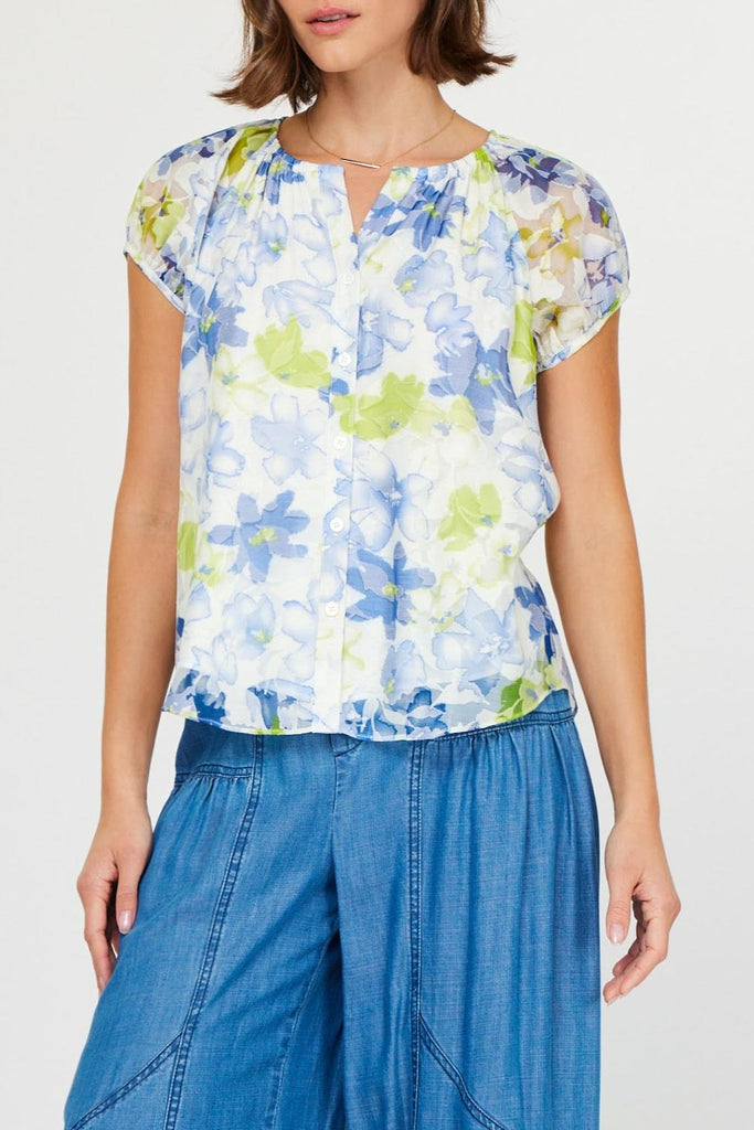 BUTTON FRONT BLOUSE WITH GATHERED NECK - FLORAL