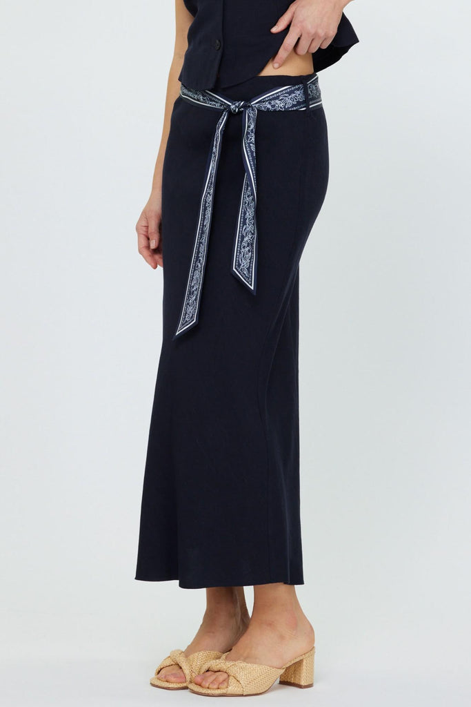 BIAS MIDI SKIRT WITH WAIST SCARF - NAVY