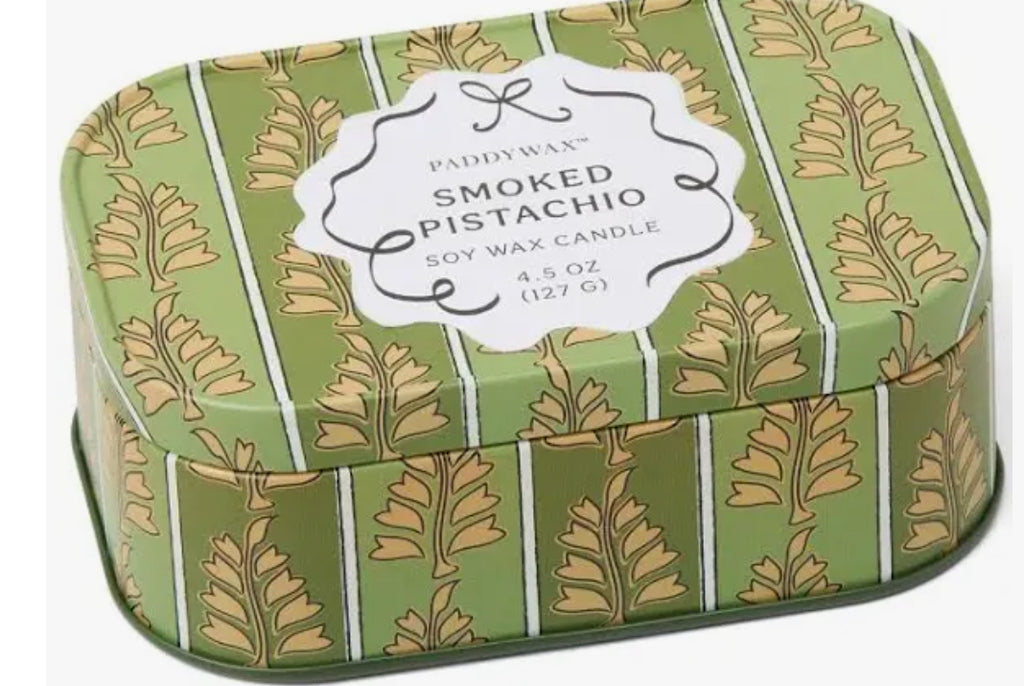 CHERIE CANDLE IN PRINTED TIN - SMOKED PISTACHIO