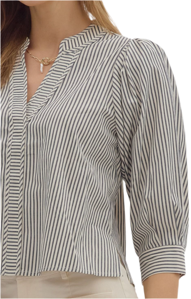 STRIPED PATTERN V-NECK TOP - BROWN