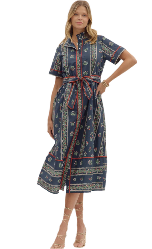 FLORAL PRINT MIDI SHIRT DRESS - NAVY