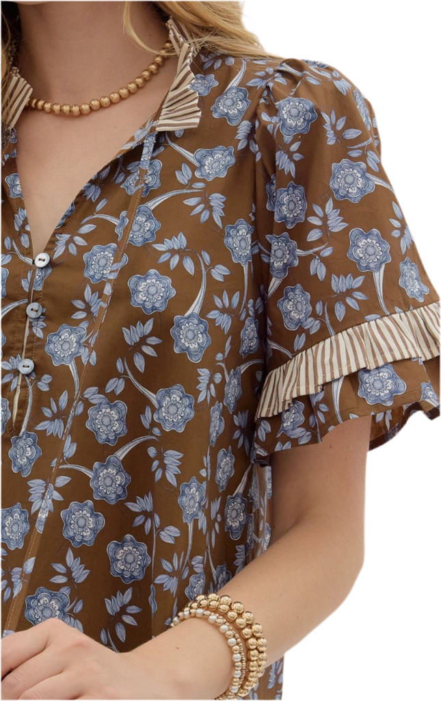 FLORAL PUFF SLEEVE TOP WITH CONTRAST RUFFLE - BROWN