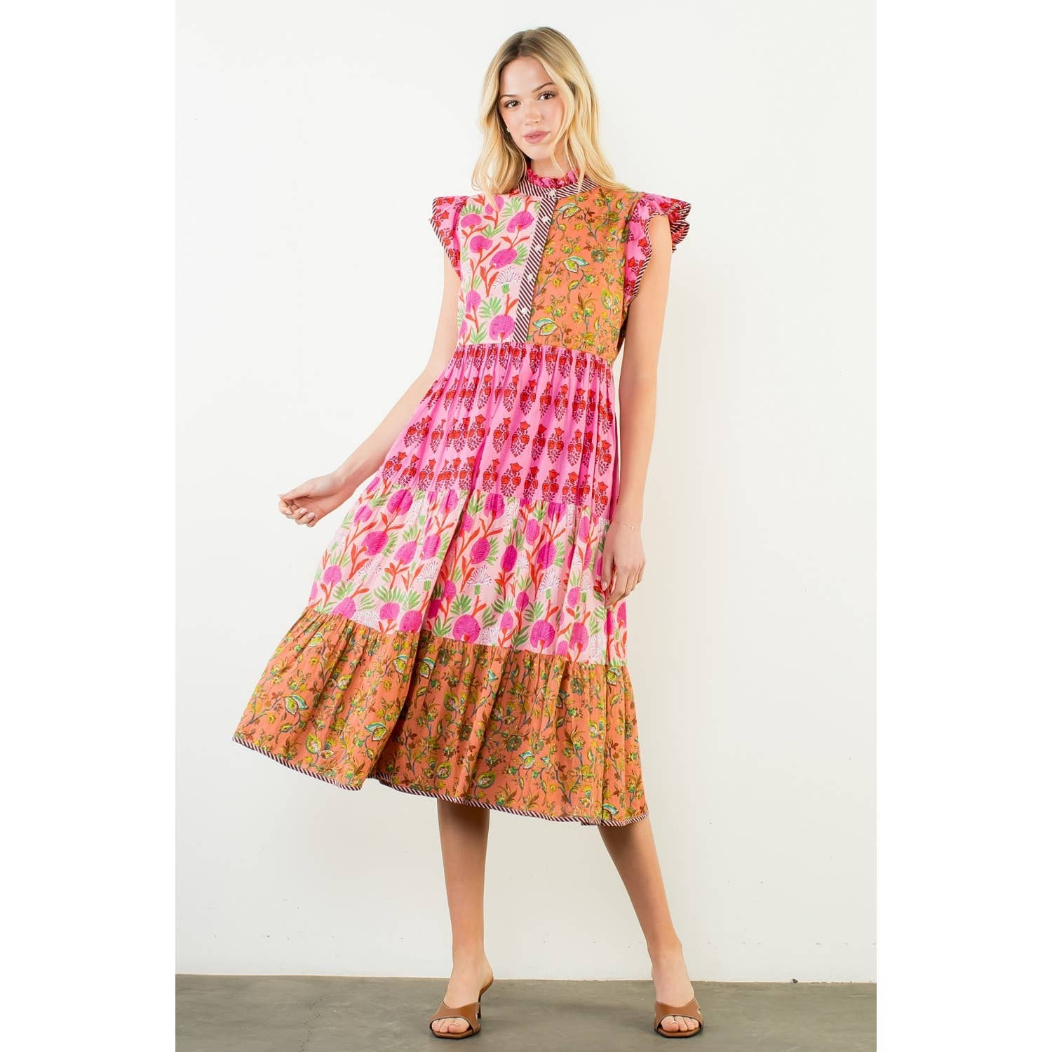 FLUTTER SLEEVE PATCHWORK DESIGN TIERED DRESS - PINK La Bella Maison FLUTTER SLEEVE PATCHWORK DESIGN TIERED DRESS - PINK La Bella Maison