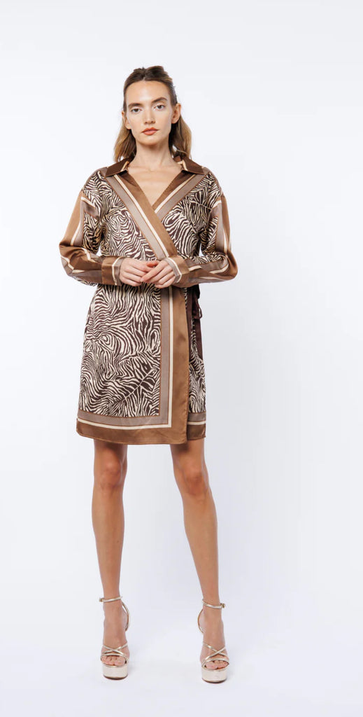 CLEMMIE DROP SHOULDER WRAP MINI DRESS - BROWN