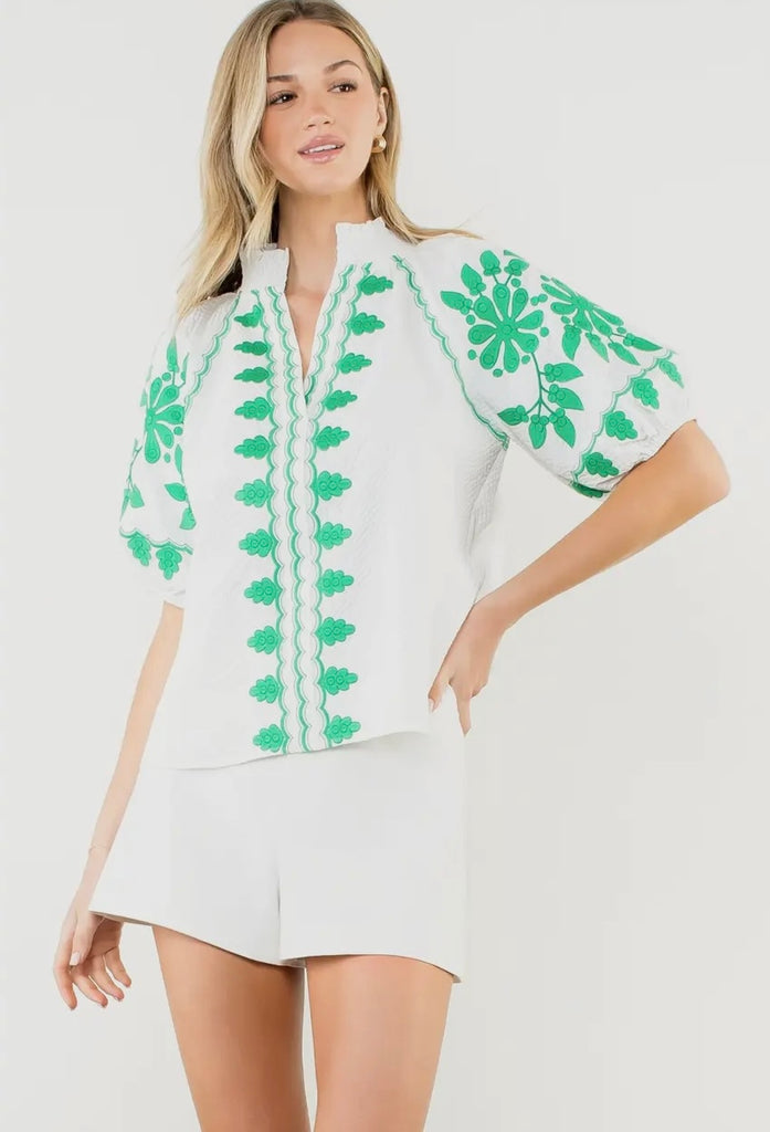 PUFF SLEEVE EMBROIDERED TOP - WHITE/GREEN