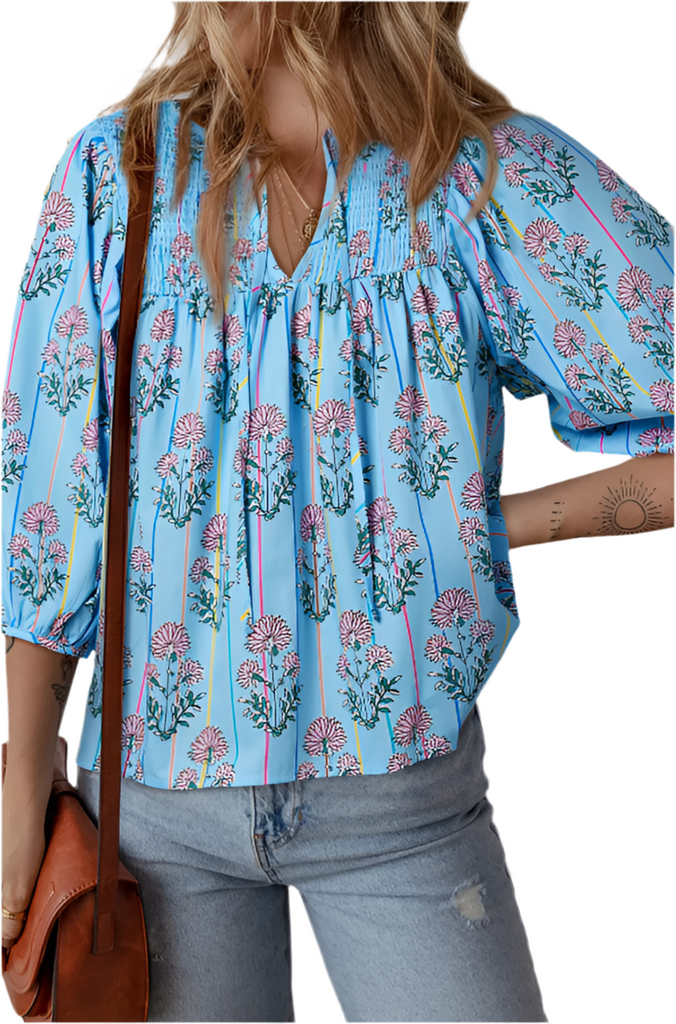 FLORAL AND STRIPED PRINT SHIRRED VNECK BLOUSE - BLUE