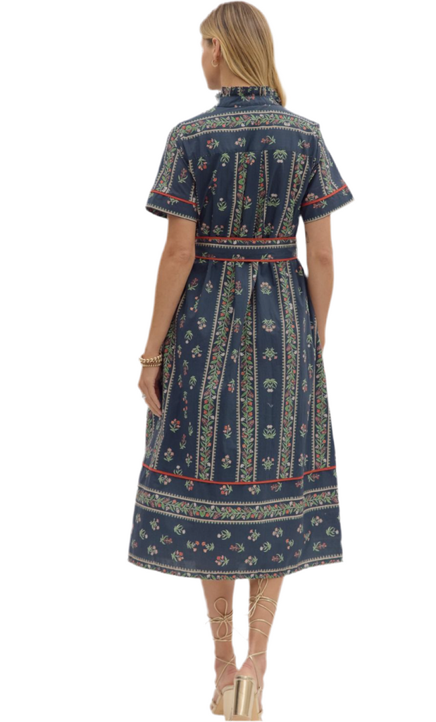 FLORAL PRINT MIDI SHIRT DRESS - NAVY