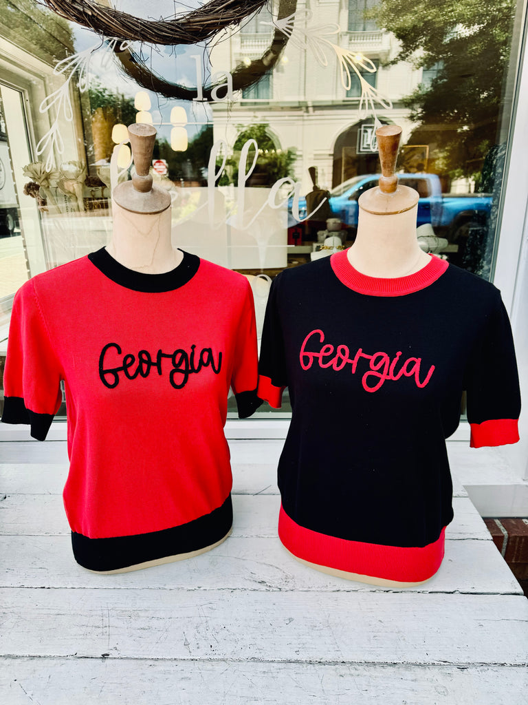 GEORGIA SHORTSLEEVE CONTRAST TRIM CHENILLE SWEATER