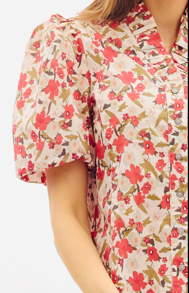 FLORAL PRINT PUFF SLEEVE TOP - ECRU