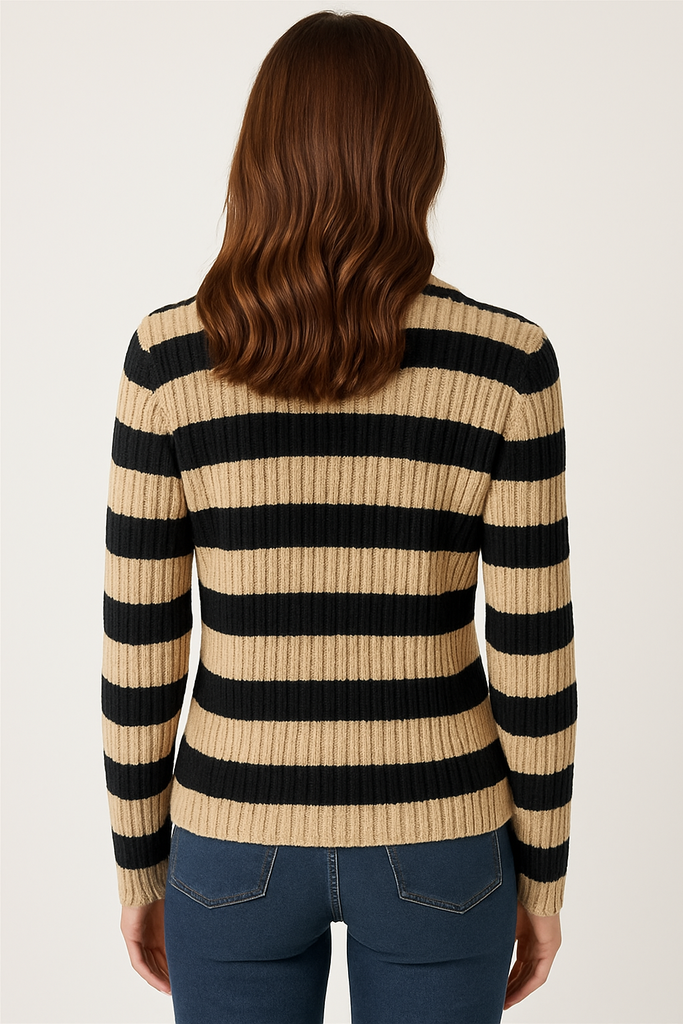 NOTCHED SPREAD COLLAR STRIPE CARDIGAN - TAUPE/BLACK