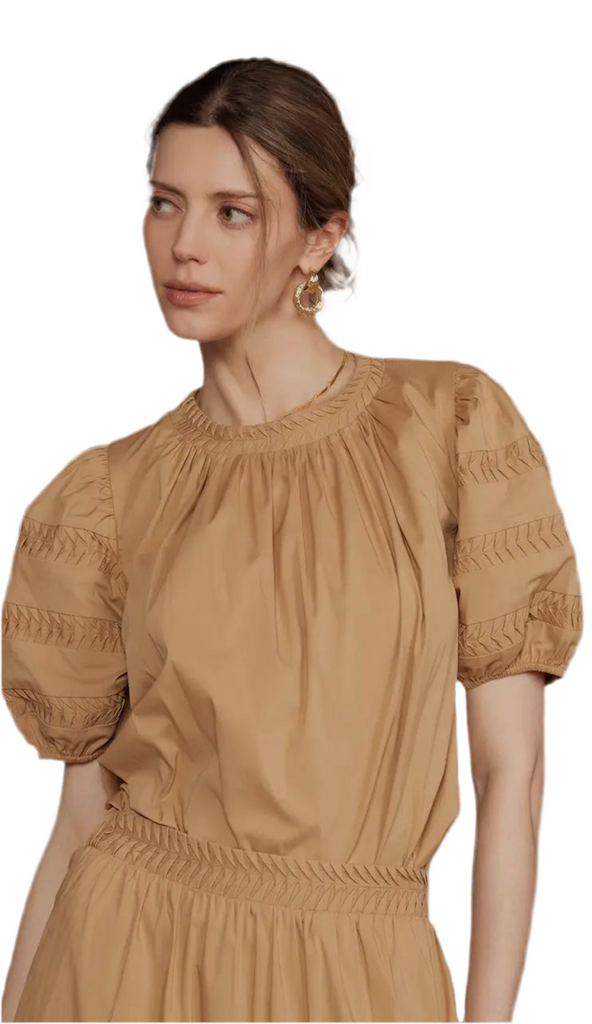 PINTUCK DETAIL PUFF SLEEVE TOP - TAN