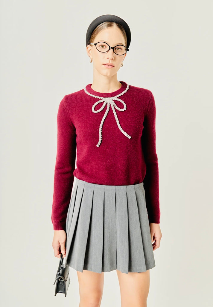 RHINESTONE BOW SWEATER - WINE