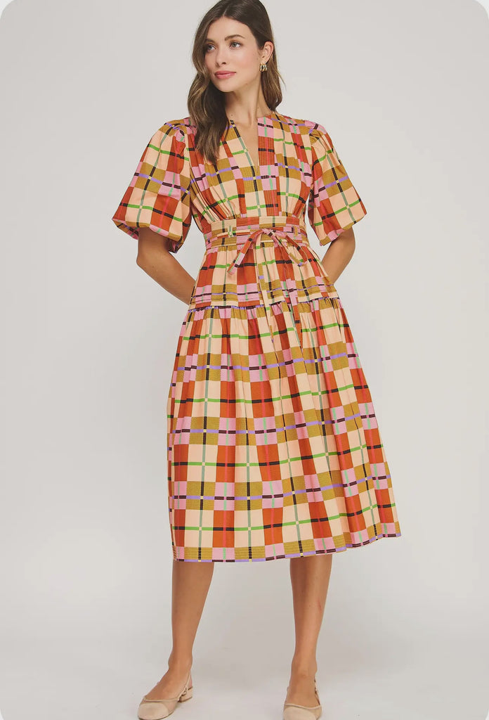 PRINT PLAID MIDI DRESS - MULTI