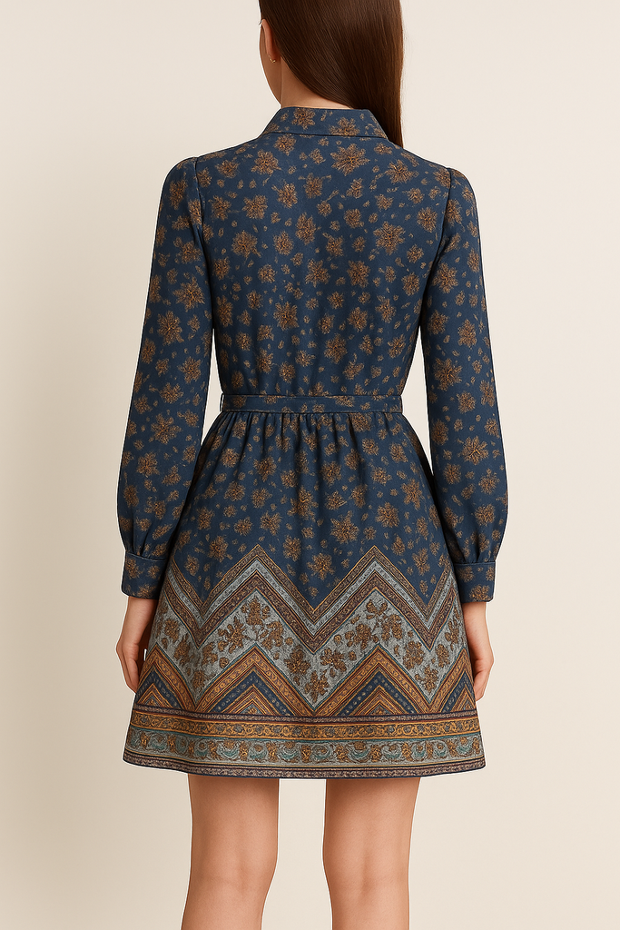 BORDER PRINT TIE WAIST BUTTON DOWN DRESS - TEAL BLUE MULTI