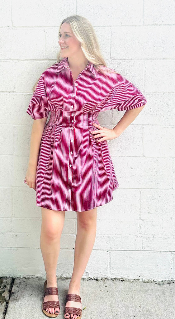 STRIPED PLEATED MINI DRESS - RED