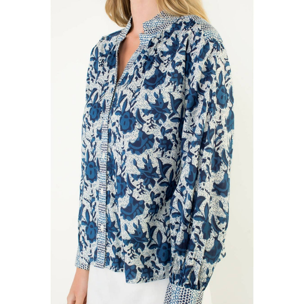 FLORAL PRINT LONG SLEEVE TOP - BLUE