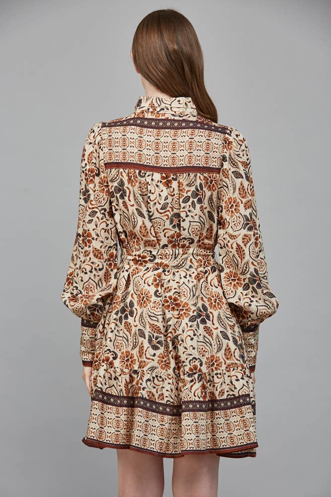 TIERED MINI DRESS WITH PINTUCK NECKBAND - CREAM/BROWN