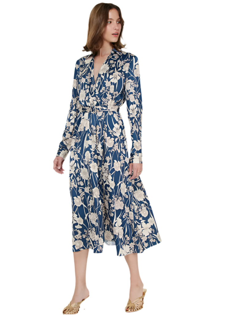 FLORAL PRINTED MIDI WRAP DRESS - NAVY MULTI
