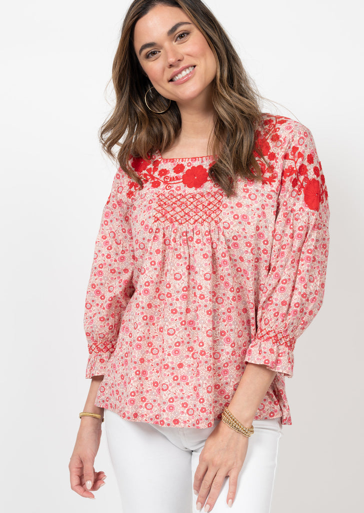 FLORAL EMBROIDERED TOP RED