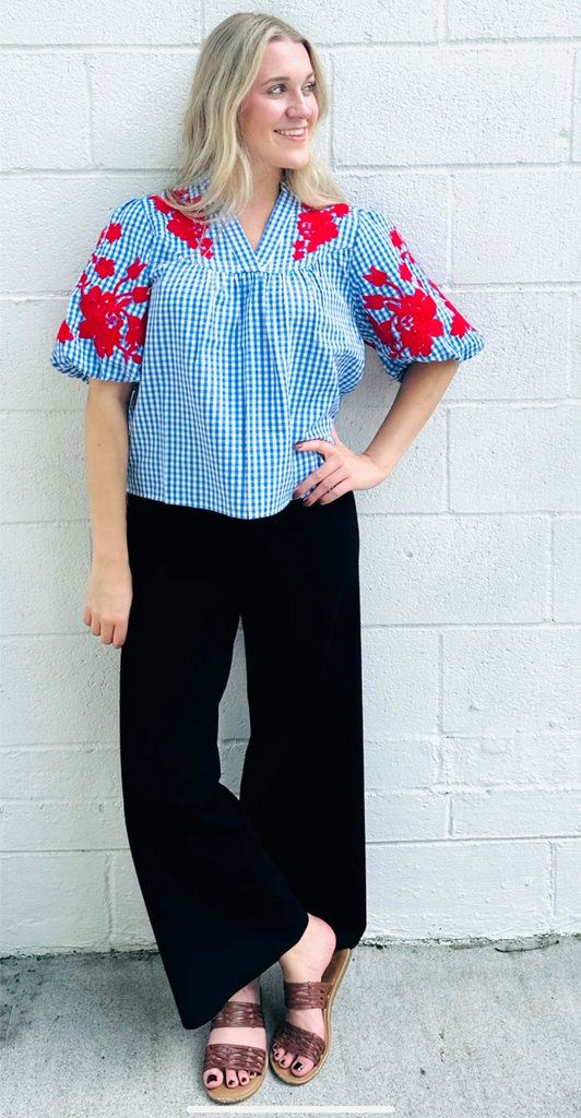 PUFF SLEEVE EMBROIDERED TOP - BLUE