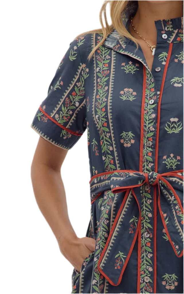 FLORAL PRINT MIDI SHIRT DRESS - NAVY