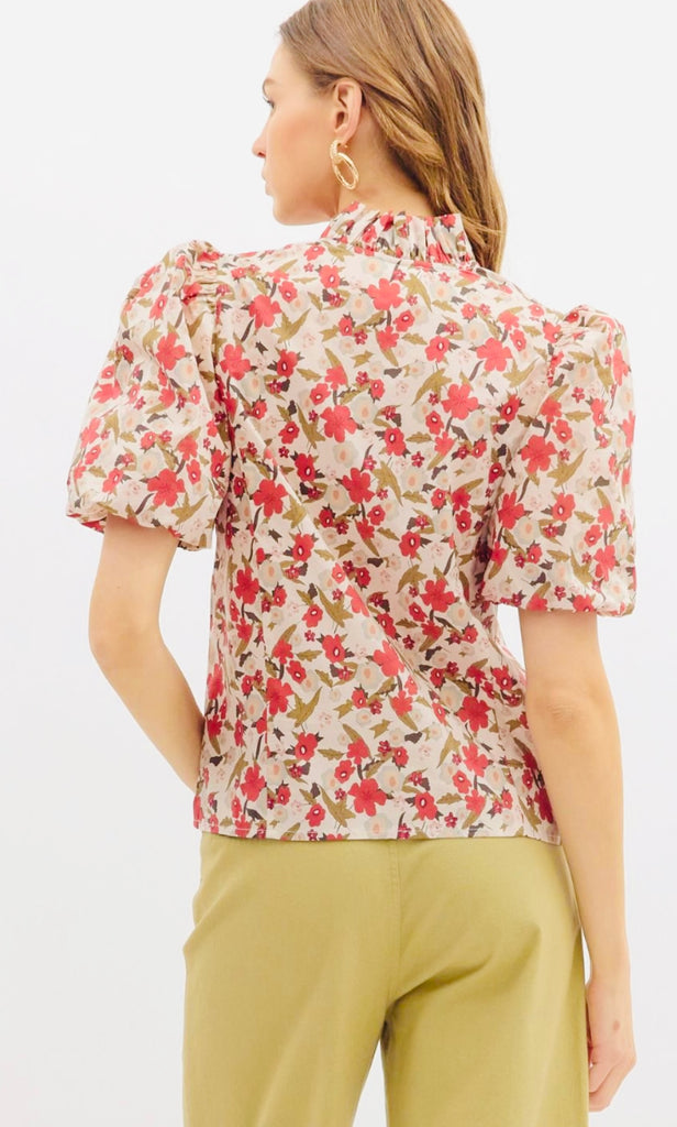 FLORAL PRINT PUFF SLEEVE TOP - ECRU