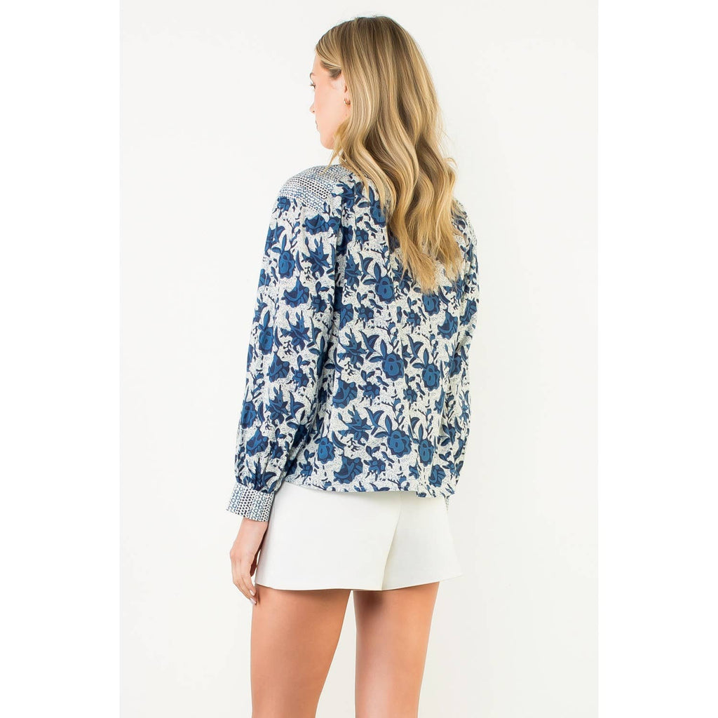 FLORAL PRINT LONG SLEEVE TOP - BLUE