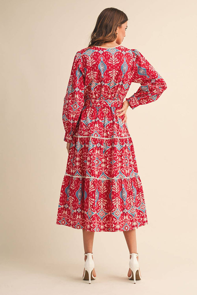 CONTRAST BINDING PRINTED MIDI DRESS - BERRY RED