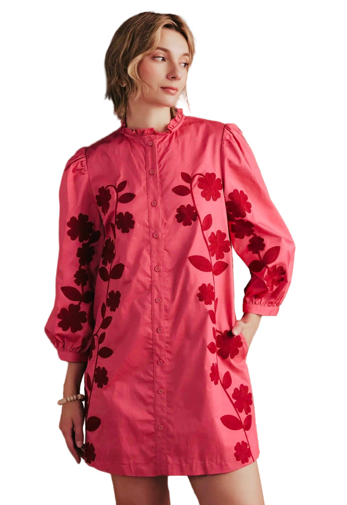 3/4 SLEEVE FLOWER EMBROIDERY MINI DRESS - PINK/RED
