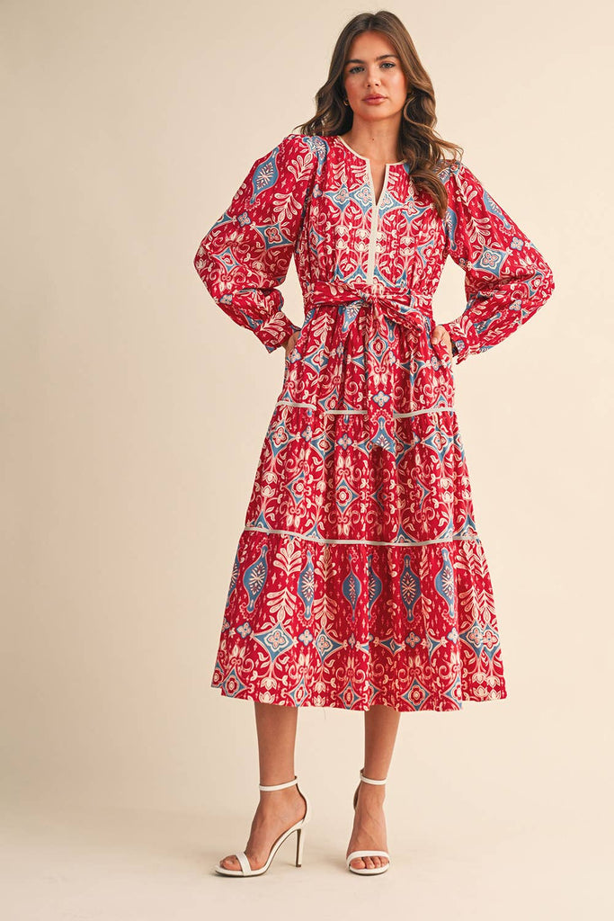 CONTRAST BINDING PRINTED MIDI DRESS - BERRY RED