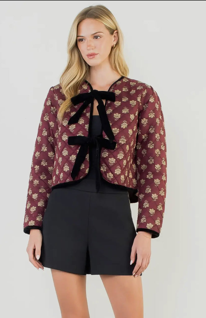 TIE FRONT QUILTED JACKET - MAROON