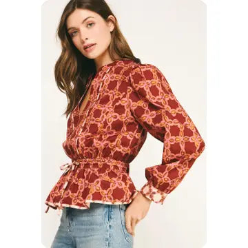 PRINT COLOR BLOCK LONG SLEEVE TOP - MULTI
