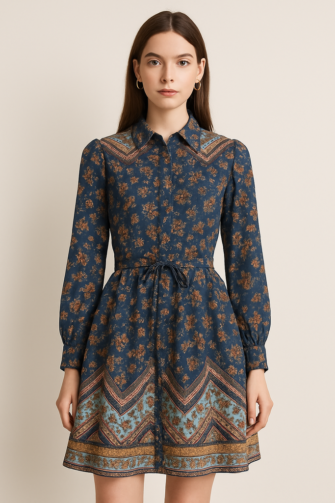 BORDER PRINT TIE WAIST BUTTON DOWN DRESS - TEAL BLUE MULTI