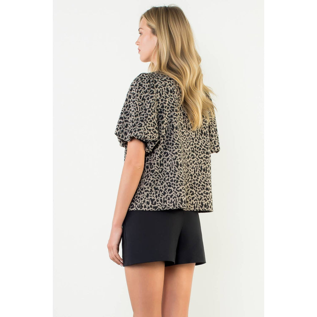 LEOPARD PRINT PUFF SLEEVE TOP - GRAY