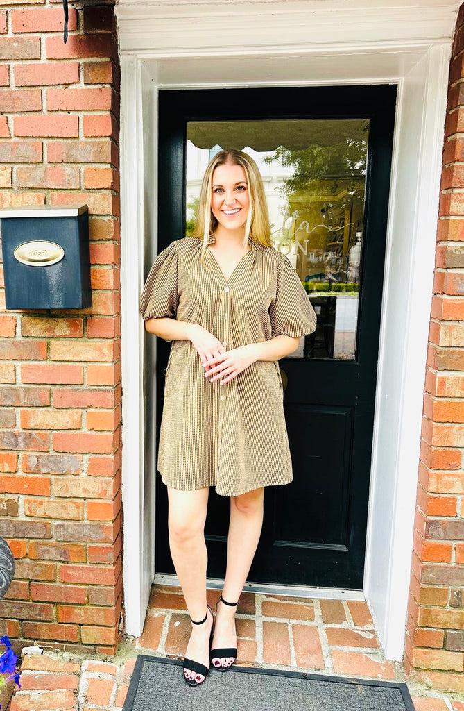 PUFF SLEEVE BUTTON DOWN DRESS - BROWN